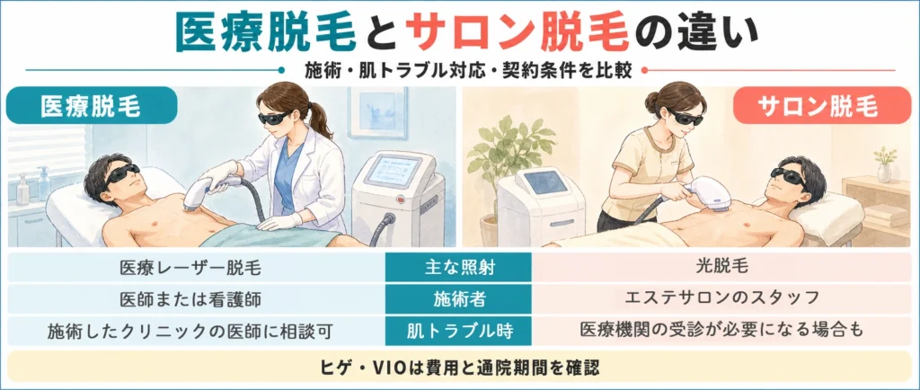医療脱毛とサロン脱毛の違いをメンズ脱毛選びで確認する
