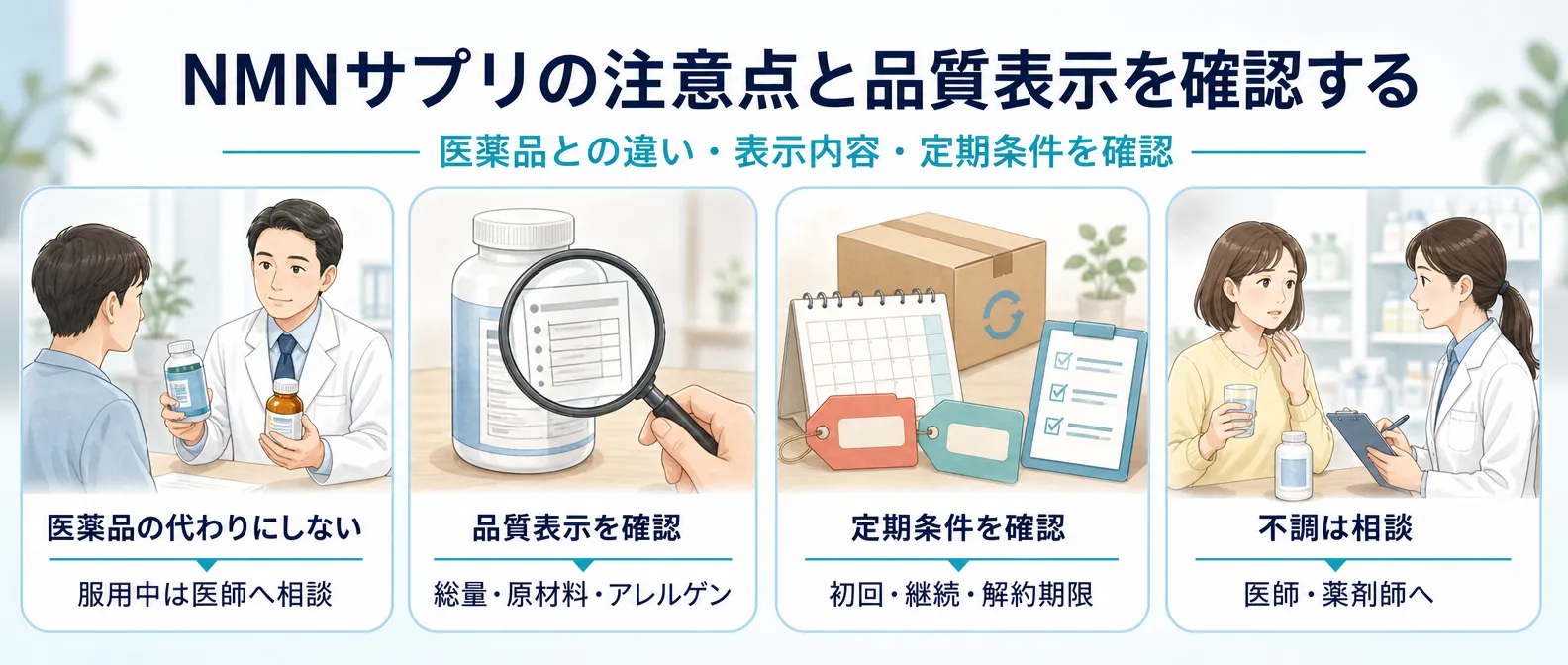 NMNサプリの注意点と品質表示を確認する